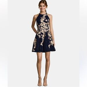 Xscape Navy Dress with Gold Floral Embroidery